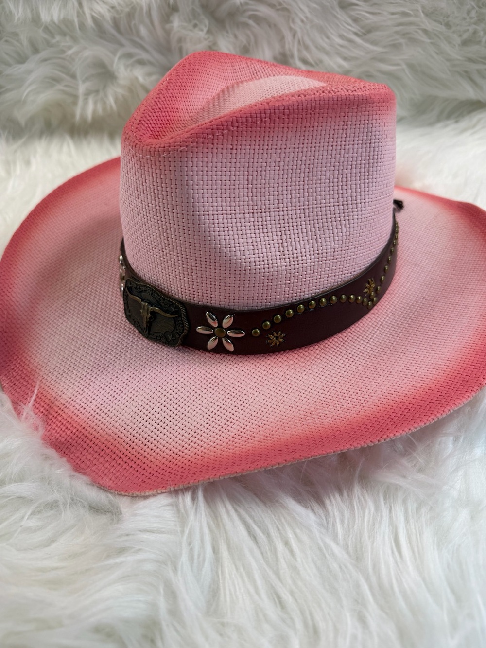 Pink Western Cowgirl Hat 100% Paper Floral Studded Belt Tie Wrap